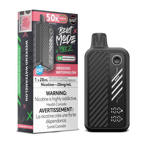 Packaging of Flavour Beast Beast Mode Max 2 20ml disposable vape Guelph Ontario: Weekend Watermelon