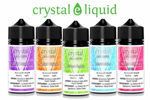 Five bottles of Crystal E-Liquid  premium vape juice with colourful labels on a white background.