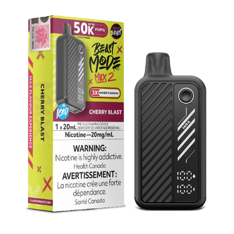 FlavourBeast Mode Max 2 Cherry Blast 20mg disposable vape device with battery and packaging - nicotine vaping 20ml