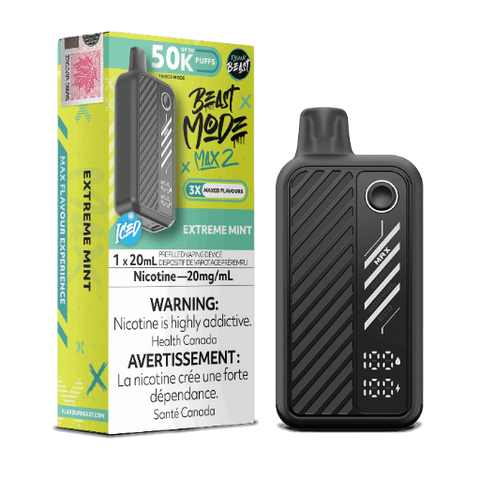 FlavourBeast Mode Max 2 Extreme Mint 20mg disposable vape device with battery and packaging - nicotine vaping product